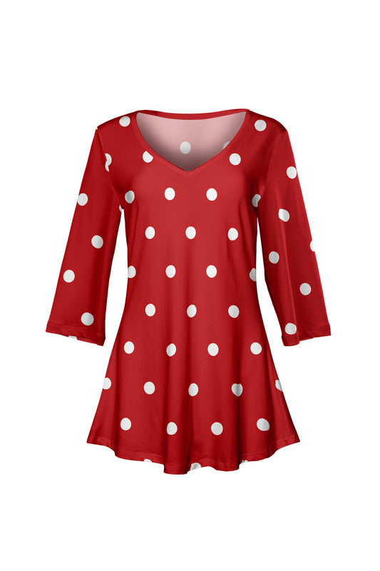 Soft V-Neck 3/4 Sleeve Tunic-Red White Dots