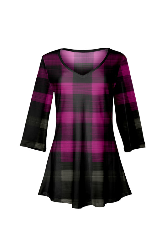 Soft V-Neck 3/4 Sleeve Tunic-Pink Black Plaids