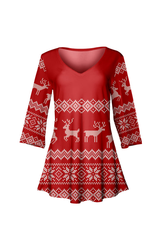 Soft V-Neck 3/4 Sleeve Tunic-Red White Holiday Prints
