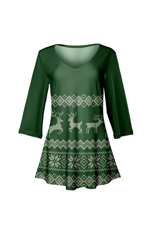 Soft V-Neck 3/4 Sleeve Tunic-Green White