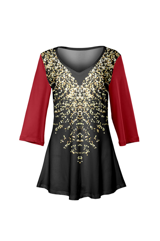 Soft V-Neck 3/4 Sleeve Tunic-Black Gold