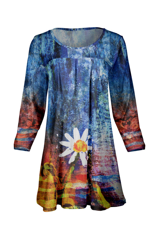 Elegant Front-Pleat Tunic-Navy Yellow Flower