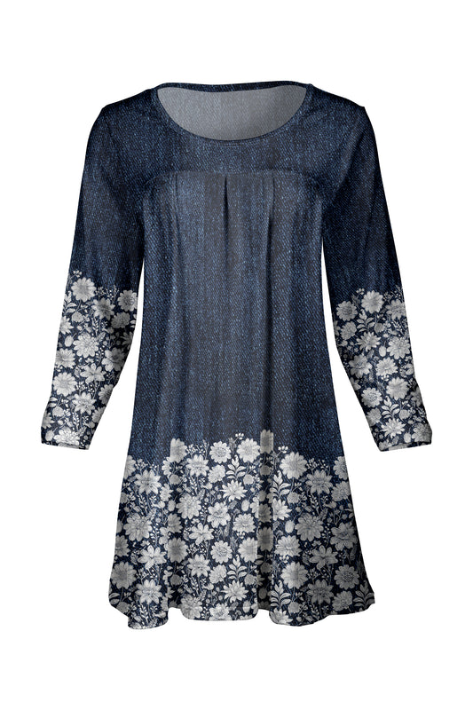 Elegant Front-Pleat Tunic-Blue White