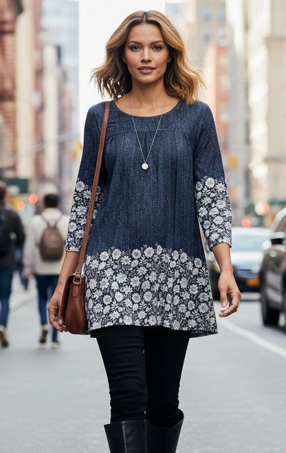 Elegant Front-Pleat Tunic-Blue White