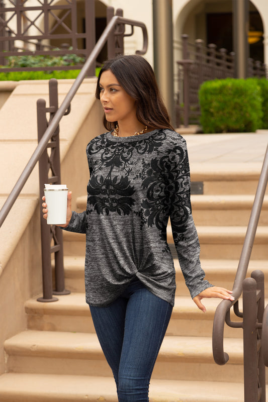 Twist Hem Long Sleeve Tunic-Black Grey