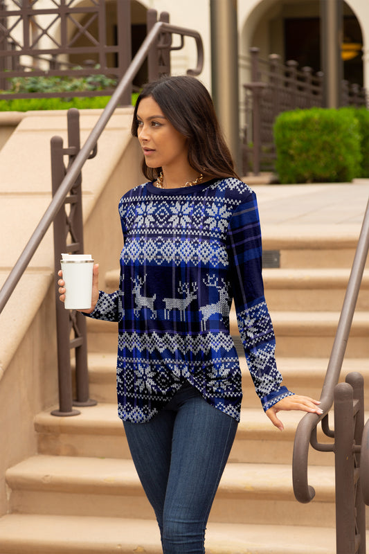 Twist Hem Long Sleeve Tunic-Navy White