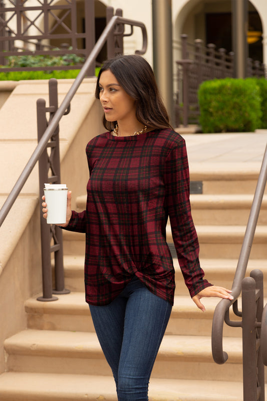 Twist Hem Long Sleeve Tunic-Red Black Plaids