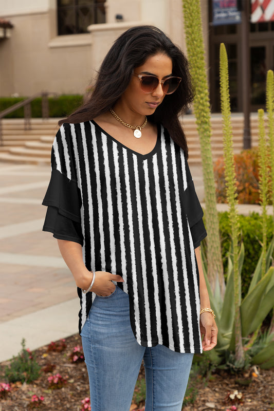 Ruffled Charm Oversized Tunic-Black White Strips