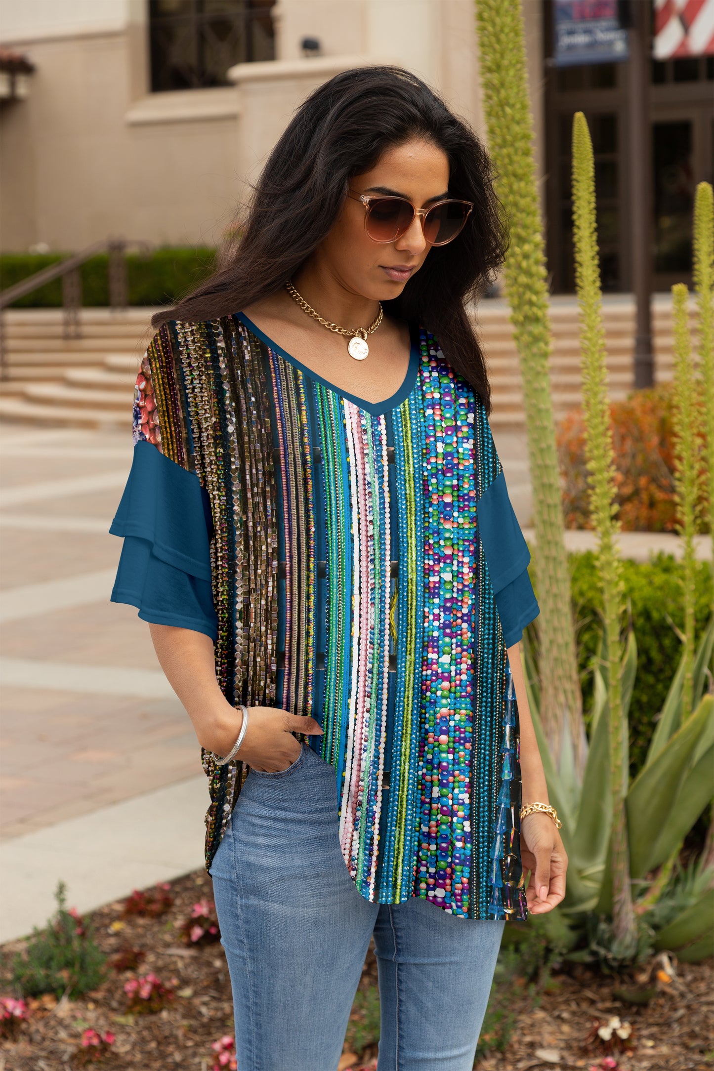 Ruffled Charm Oversized Tunic-Orange Green