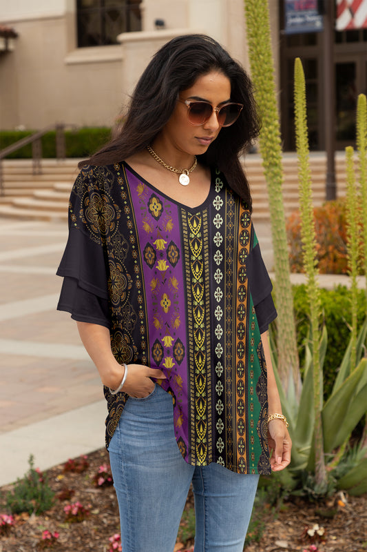 Ruffled Charm Oversized Tunic- Brown Multi