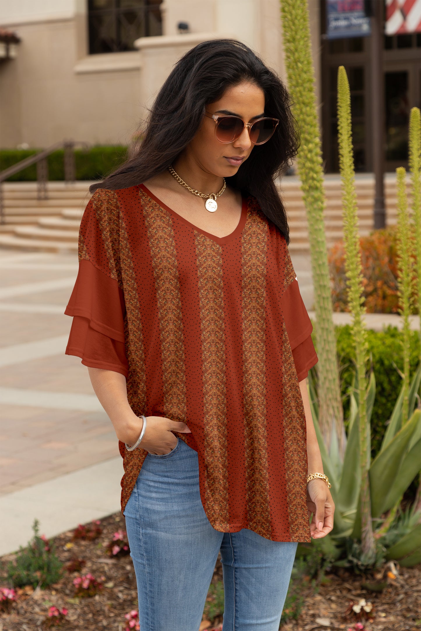 Ruffled Charm Oversized Tunic-Orange Green