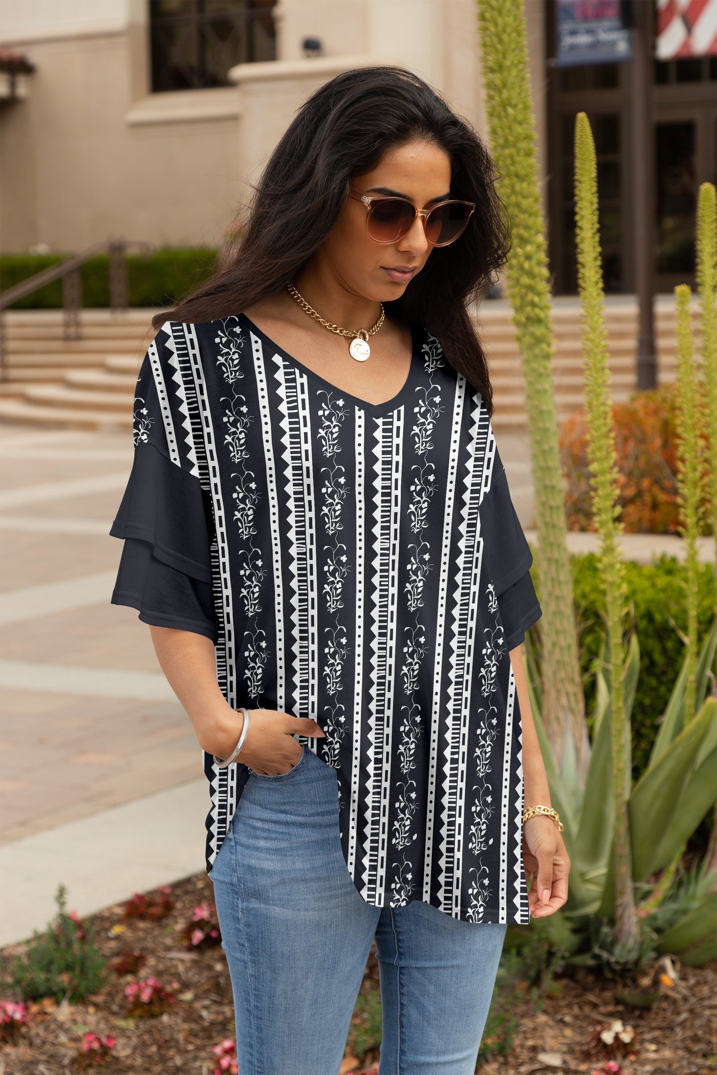 Ruffled Charm Oversized Tunic-Orange Green