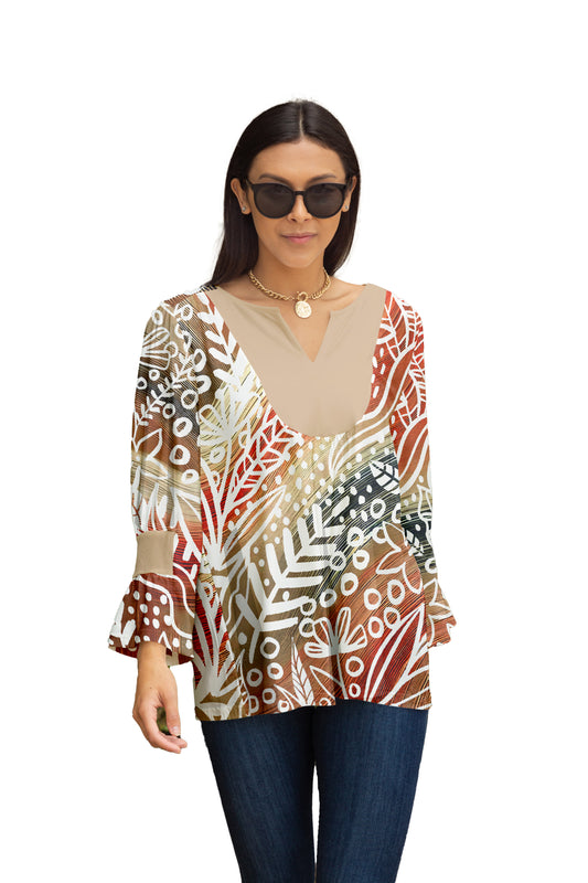 Bold Patch Collar Tunic-Beige Leaves