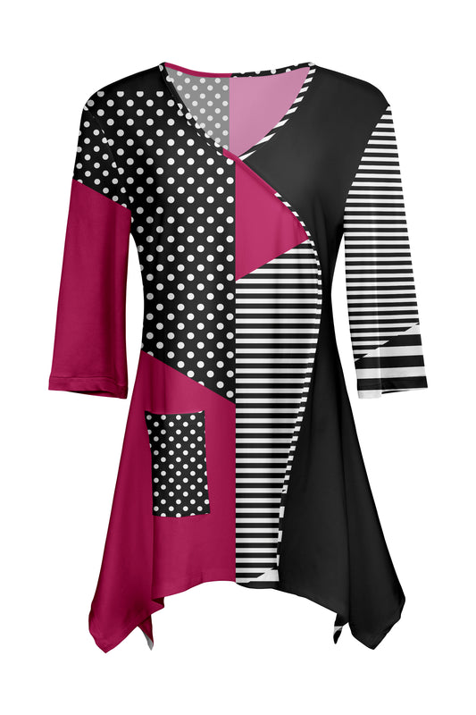 Contrast Patch Front Tunic-Black Pink