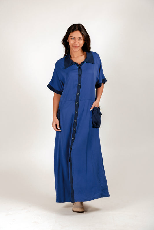 100% Rayon Vintage Maxi Dress  (sku# LN240021-1 BLUE)
