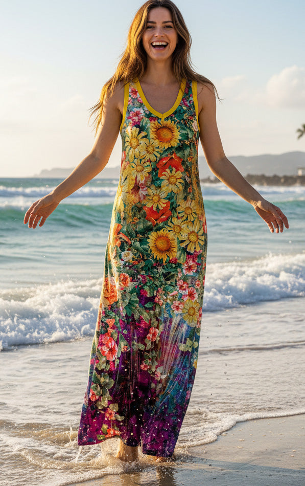 Bold Print V-Neck A-Line Maxi Dress-Beige Orange Floral