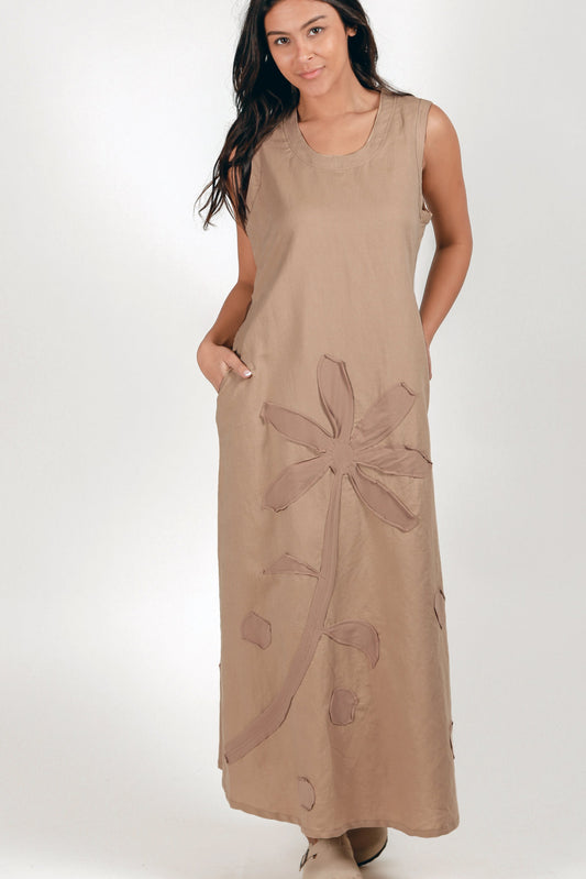 100% Linen Maxi Dress (sku# LN2400023-3 CHAMPAGNE)