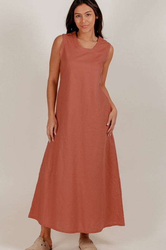 100% Linen A-Line Maxi Dress (SKU# LN2400023 RUST)