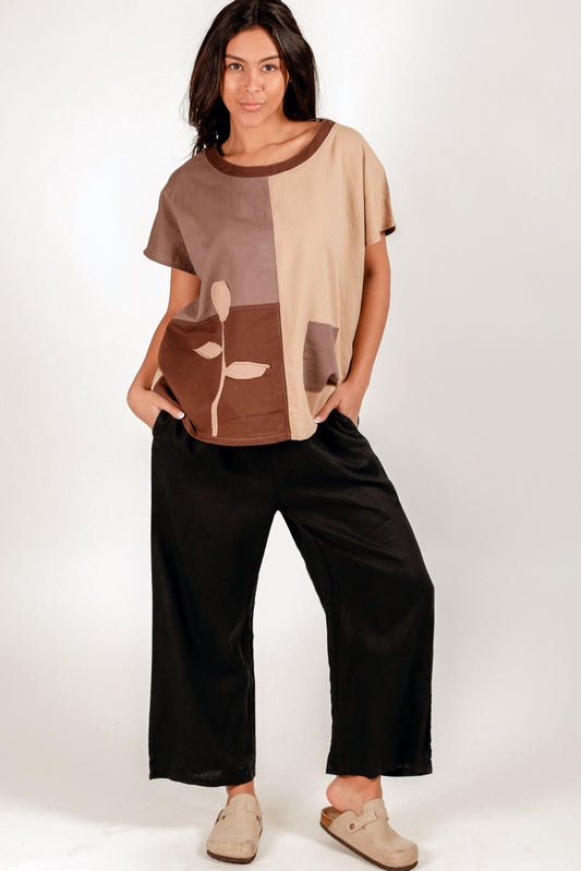 Sand-Washed Linen Patchwork Top with Handcrafted Flower (SKU # LN2400035-1 )