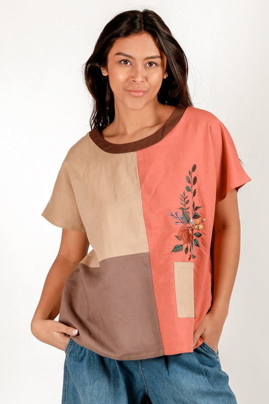 Sand-Washed Linen Patchwork Top with Embroidered Flower (SKU #LN2400035-3 )