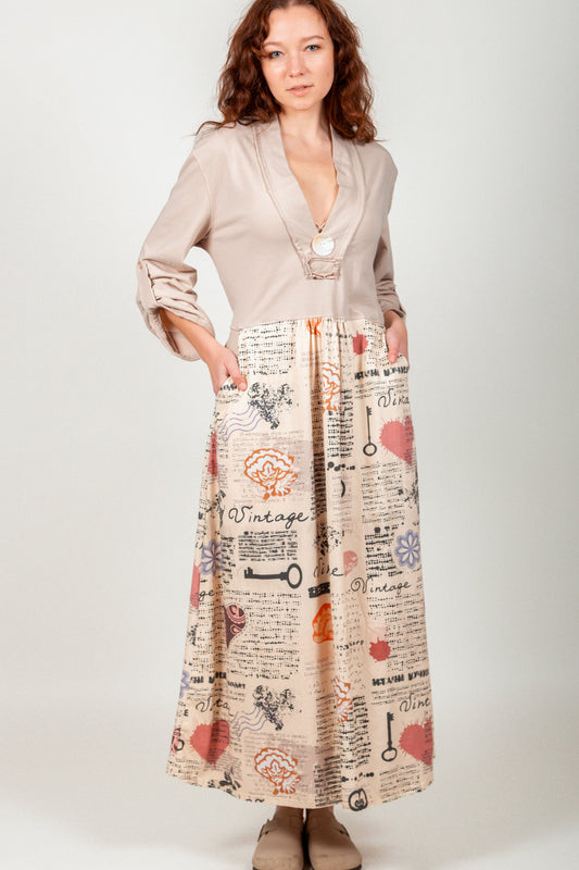 Vintage Grace Mix Dress  (SKU #  D240019T CHAMPAGNE )
