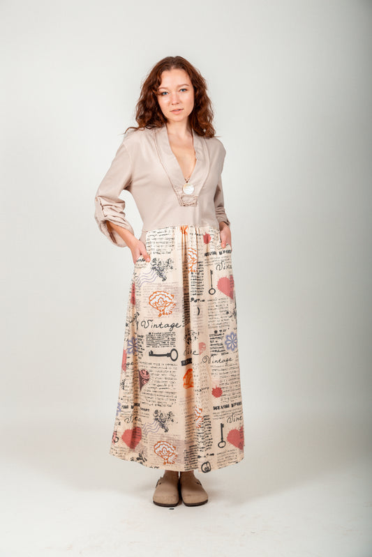 Vintage Grace Mix Dress (D240019T Beige )