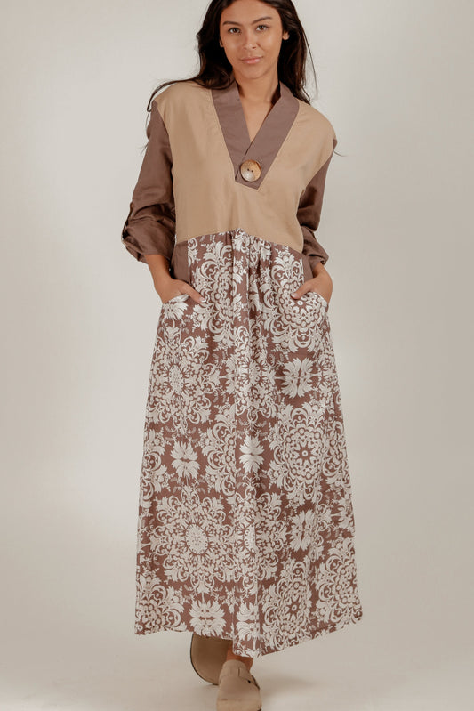 100% Linen Boho Maxi Dress – Champagne & Vintage Print (sku#LN2400019)