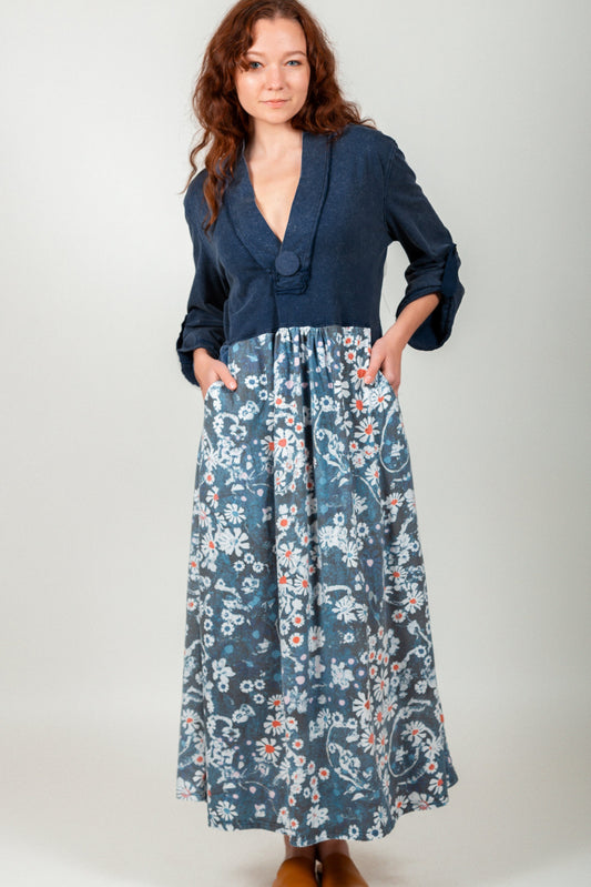 Wildflower Charm Cotton Maxi Dress ( SKU # D240019T  NAVY )