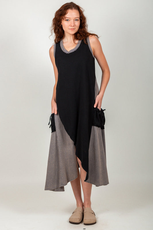 Mystic Layers Vintage Maxi Dress  (SKU # LN240029T BLACK GREY )