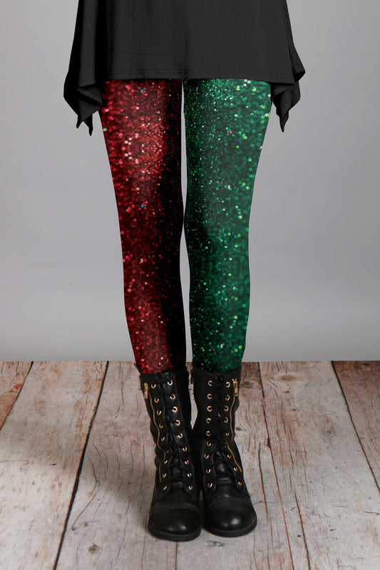 Red and Green Glitter Print Holiday Leggings