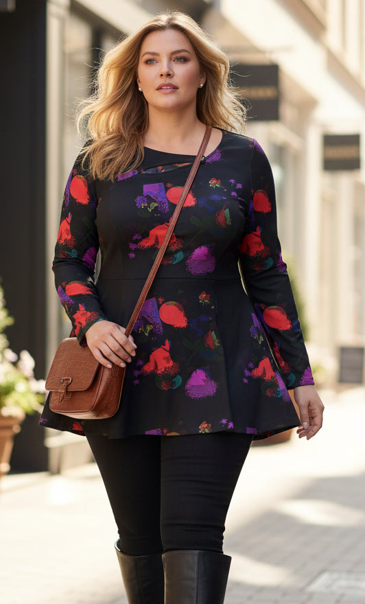 3-Piece Patched Front Tunic-Black Pink