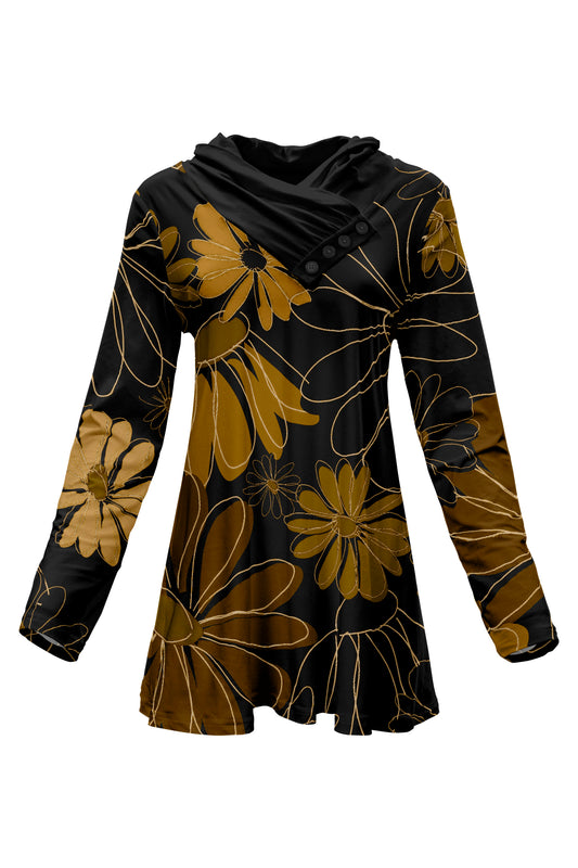 Classic Button-Collar Knit Tunic-Black Brown Floral