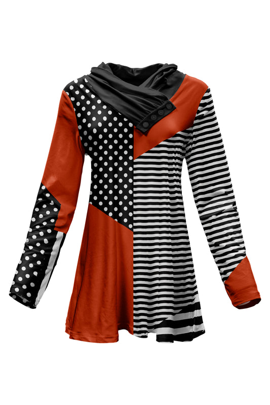 Classic Button-Collar Knit Tunic-Black Red
