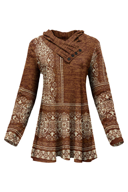 Classic Button-Collar Knit Tunic-Brown White