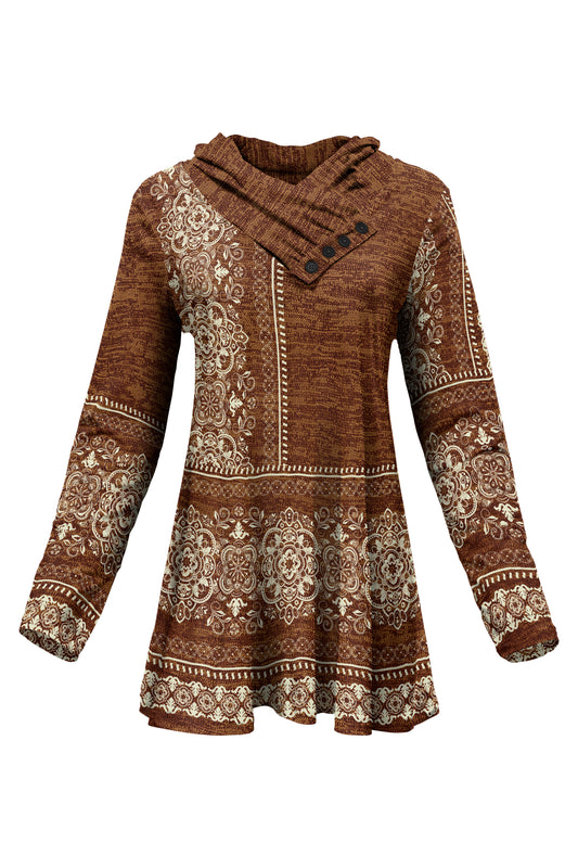 Classic Button-Collar Knit Tunic-Brown White
