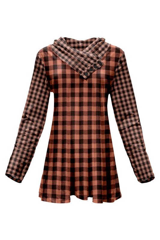 Classic Buttons Collar Tunic-Brown Orange Plaids
