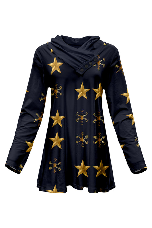 Classic Button-Collar Knit Tunic-Black Gold