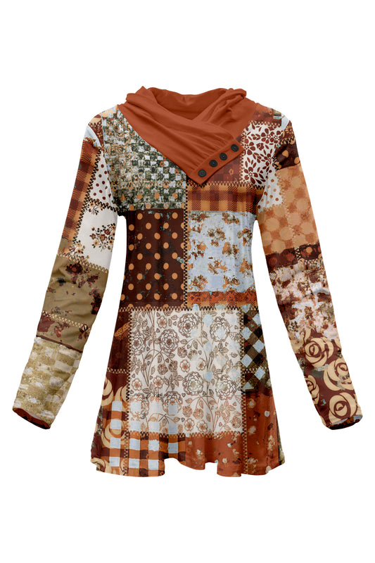Classic Button-Collar Knit Tunic-Orange Patched