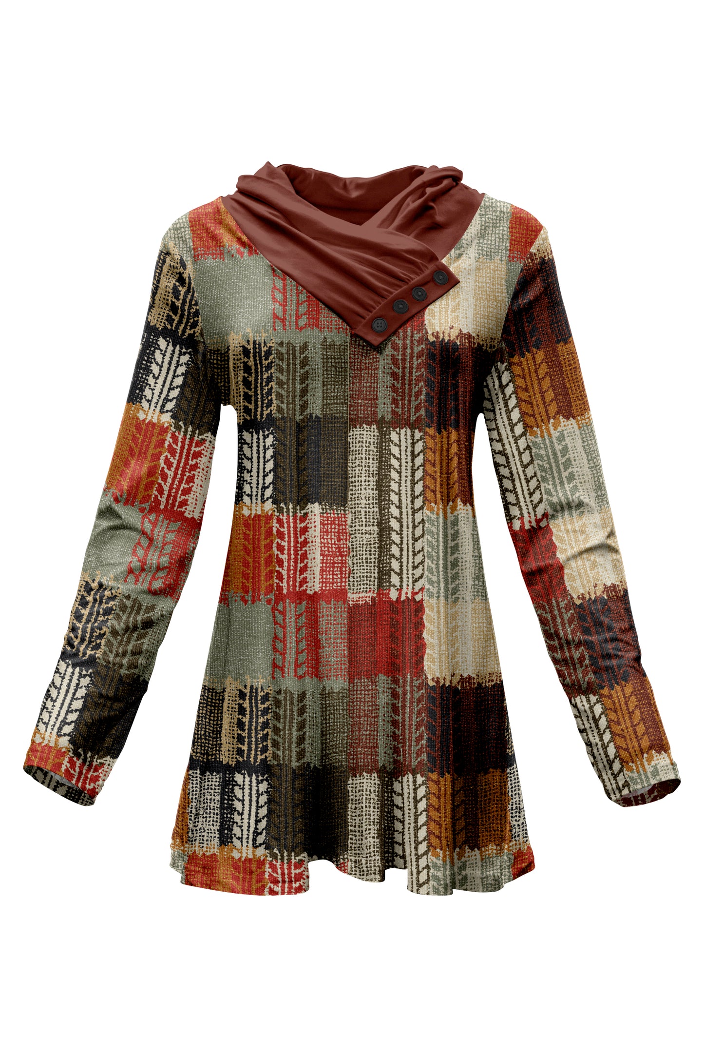 Classic Button-Collar Knit Tunic-Brown White