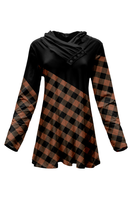 Classic Button-Collar Knit Tunic-Black Orange Plaids