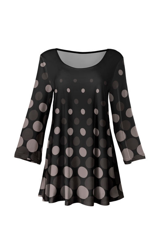 Bold Print Flowy Hem Tunic-Black Brown Dots