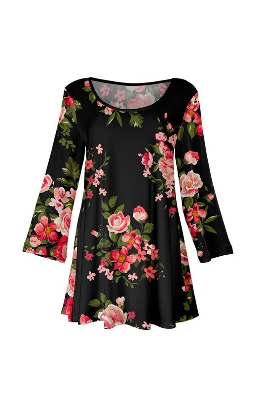 Long Sleeves Tunic with Bold Prints-Black Red Floral