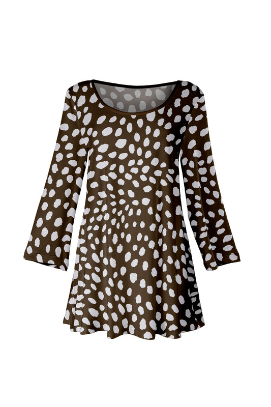 Bold Print Flowy Hem Tunic-Chocolate Brown Dot