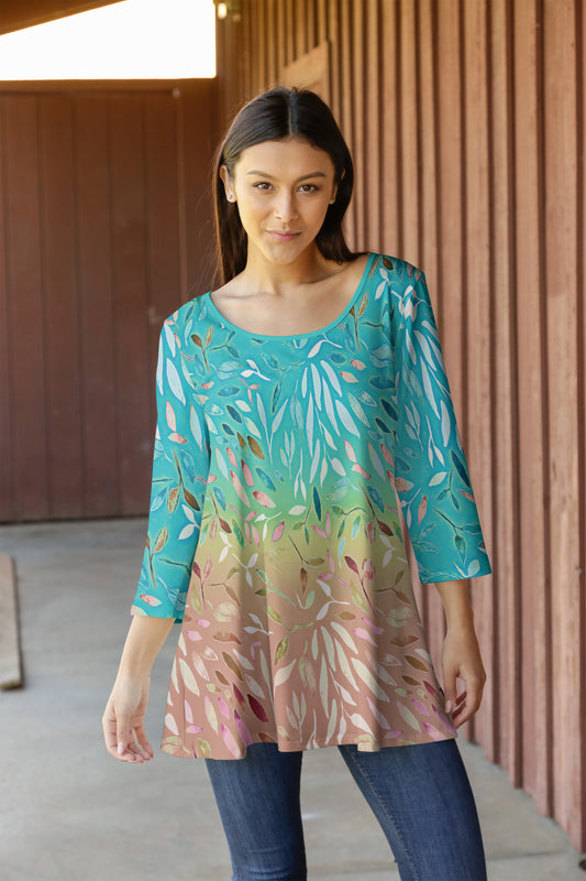 Bold Prints Tunic-Blue Beige Leaves