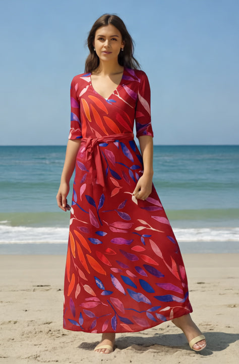 Wrap Maxi Dress with Waist Tie and Pockets-Red Leaves