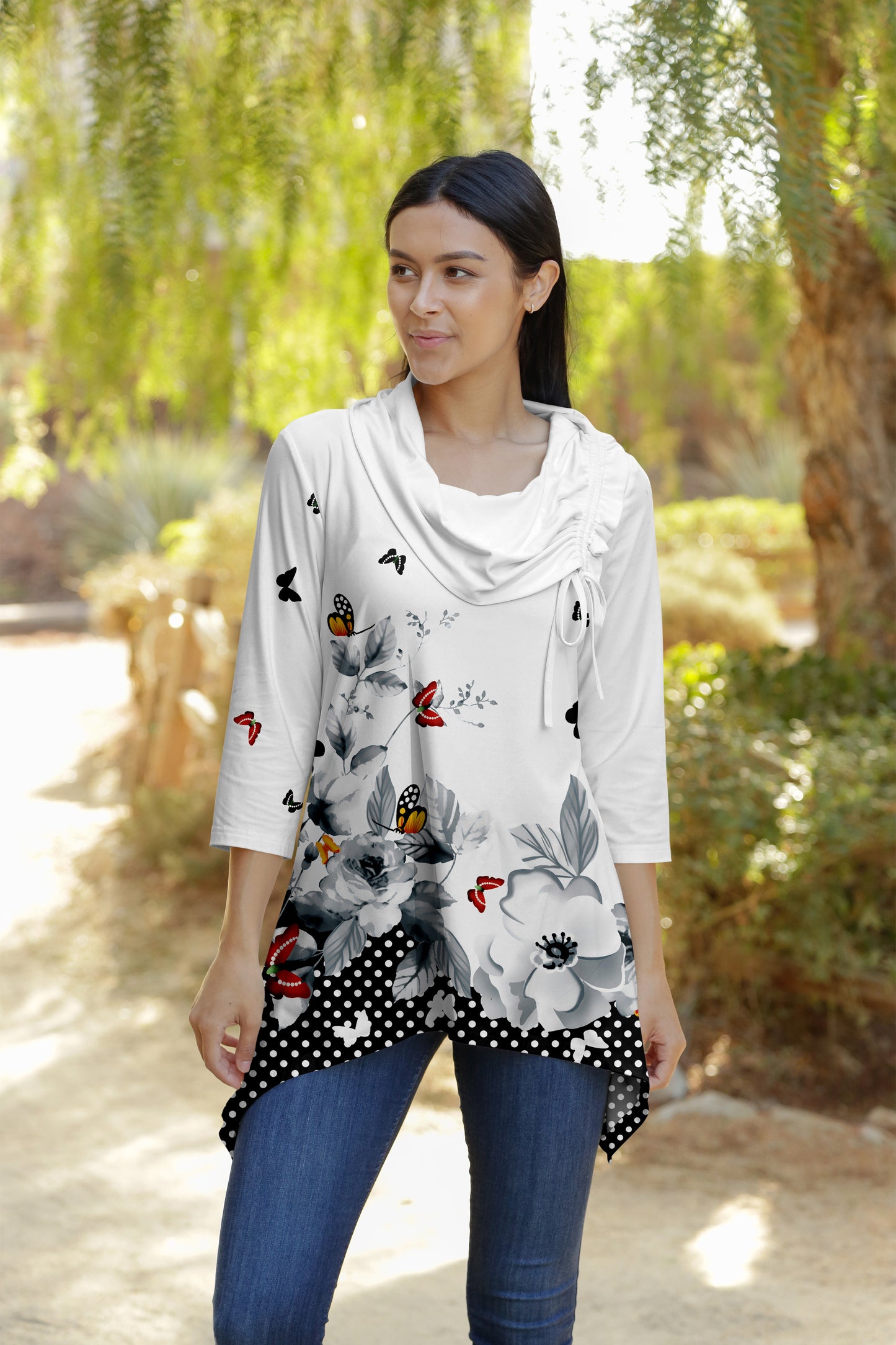 Bold Contrast Collar Tunic-Black White Dots