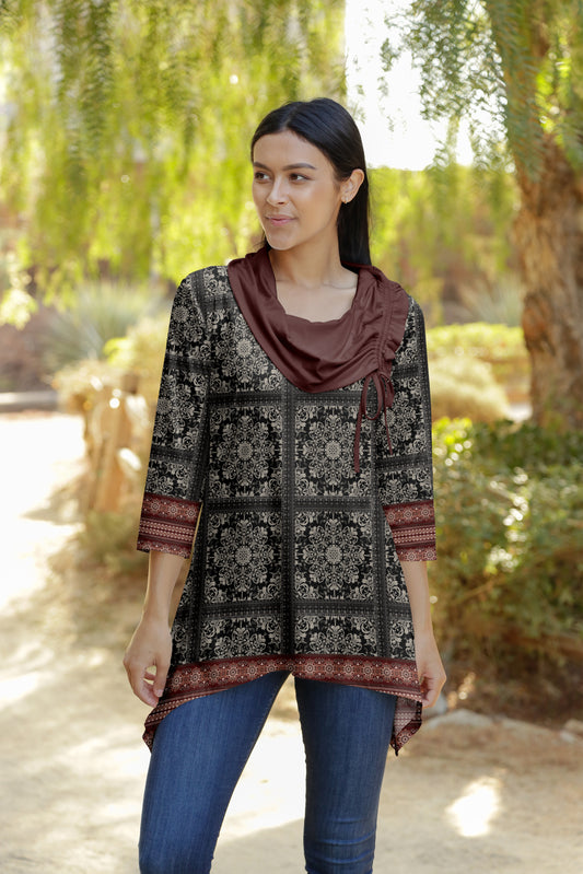 Bold Contrast Collar Tunic-Rust And Black Boho