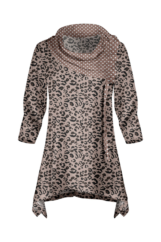 Bold Contrast Collar Tunic-Brown Animal Dots