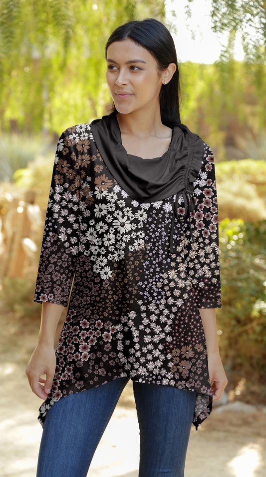 Unique Collar Tunic-Brown White Multi