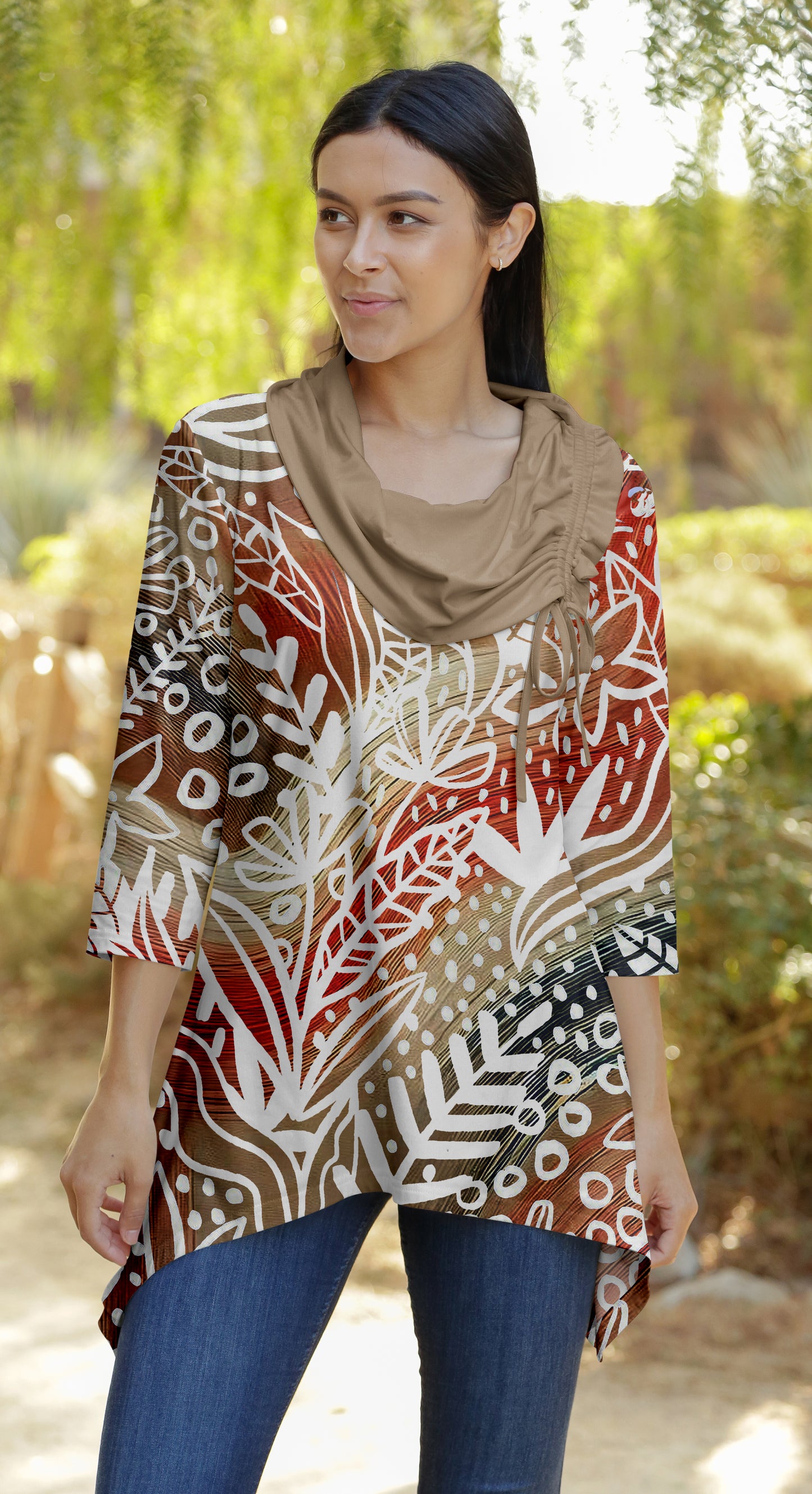 Unique Collar Tunic-Beige Leaves